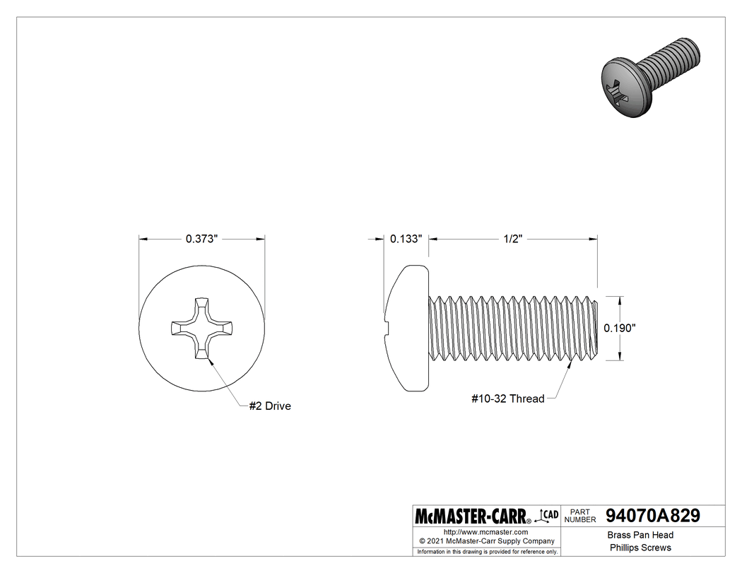 Technical Drawing of Brass Pan Head Phillips Screws, 10-32 Thread Size, 1/2" Long.